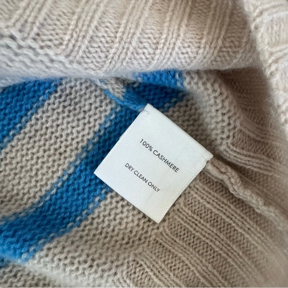 White + Warren 100% Cashmere Blue and Cream/Tan Striped Sweater Large - Picture 6 of 8